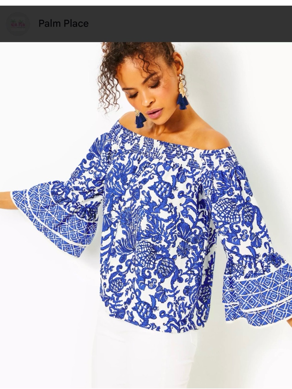 Lilly Pulitzer Blue & White Off-Shoulder Floral Print  Top
